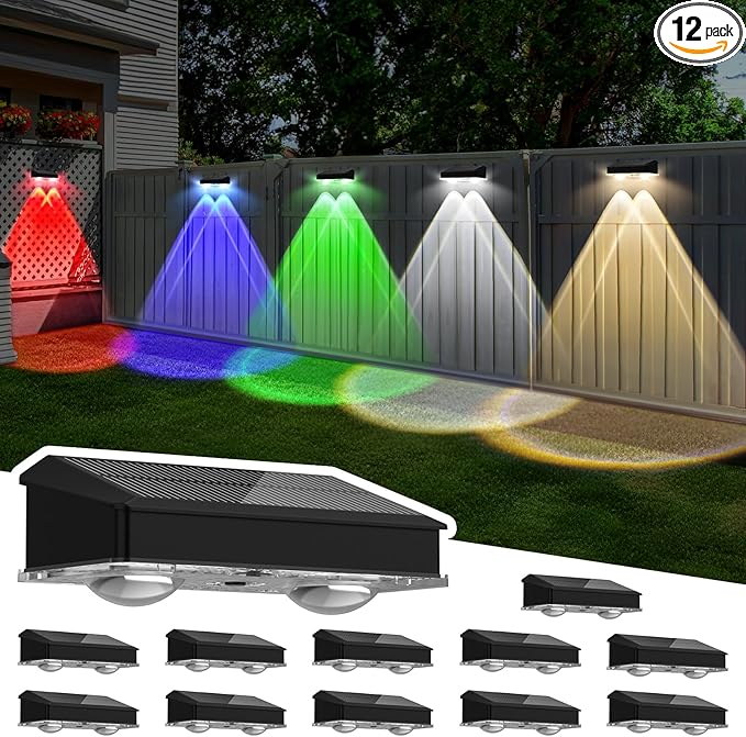 Solar Fence Lights Outdoor 12 Pack Warm White &amp Cool White &amp 6 Colored+RGB Color Changing High Brightness LED Spot Lens Deck Lights Dusk to Dawn for Backyard Railing Patio Wall IP65 Waterpr