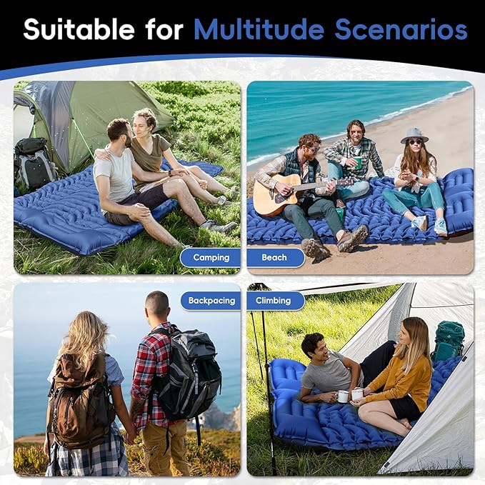 Double Sleeping Pad for Camping 4 Extra-Thick Self Inflating Camping Mattress for 2 Person with Pillow Built-in Foot Pump Portable Sleeping Mat for Backpacking Hiking Traveling Tent