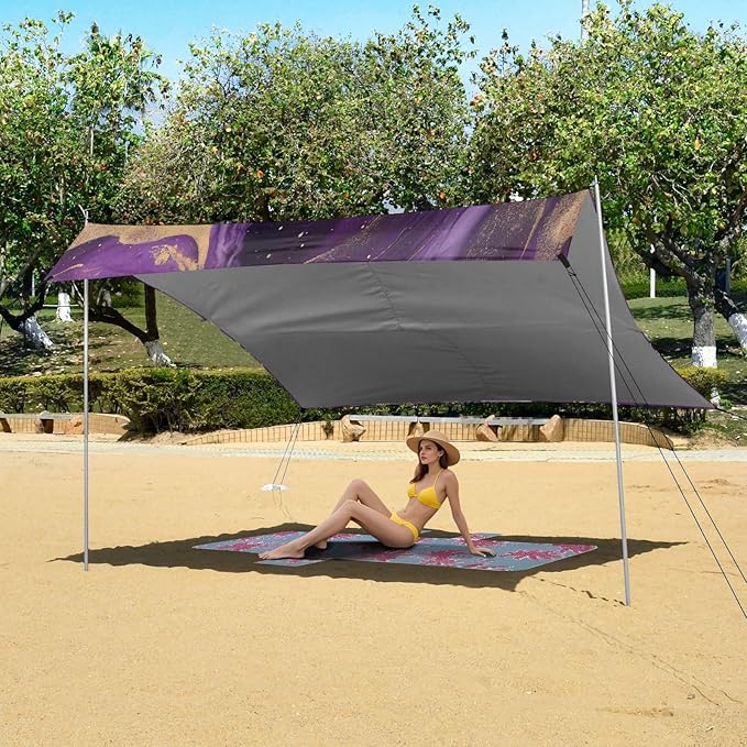 Purple Gold Marble Beach Tent Sun Shelter 9.2' x 10.5' Beach Canopy with 4 Sandbags 4 Stability Poles Sand Shovels - Tent Canopy for Beach Camping Fishing Picnics