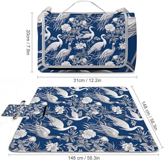 Blue and White Chinese Style Chinoiserie Folk Waterproof Outdoor Picnic Blanket Sandproof Beach Mat for Camping Hiking Grass Travelling