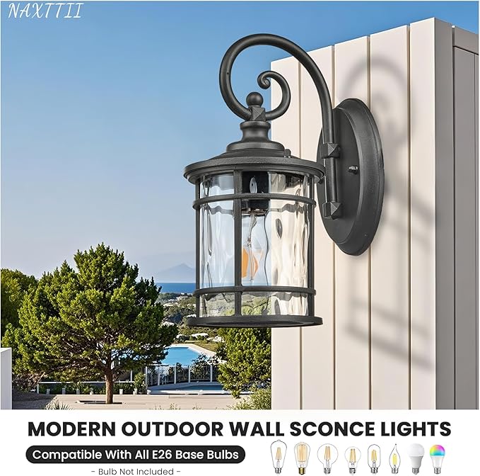 Outdoor Wall Lamps Exterior Waterproof Wall Sconce Light Fixture with Water Ripple Glass Die-Casting Aluminum Black Waterproof Wall Mount Light for Porch Garage Yards