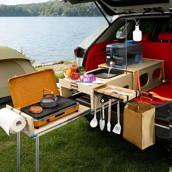 Wooden Overland Camping Slide-Out Kitchen with Drawer Left Side for SUV/Storage Space for 2 Burners Stove Folding Design