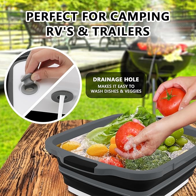 2-Pack XL Collapsible BBQ Prep Tub with Built-In Cutting Board Lid &amp Strainer (4.22 Gal / 16L) – Marinate Drain &amp Prep – Perfect for Grilling Smoking &amp Outdoor Cooking-Black