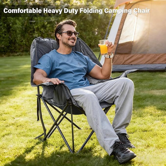 2 Pack Oversized Camping Chair Portable Folding Padded Camp Chairs with Side Pocket Cup Holder Heavy Duty Support 500LBS Outdoor Lounge Chair for Adults Fishing Sports Trip Grey
