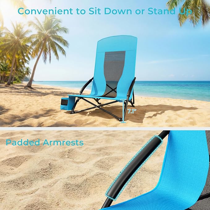 TLSUNNY 28.5″ High Back Folding Beach Chair for Adults W/Carry Bag Portable Low Beach Chair W/Mesh Back &amp Padded Armrest Cup Holder for Camping Outdoor Travel 2pack 350LBS (Blue)