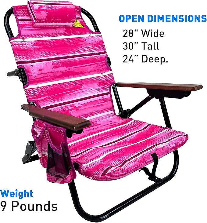 EasyGo Product Backpack Beach Chair 5 Positions and Cup Holder Pouch on Side Padded Pillow Storage Bag on Back Lightweight Rustproof Aluminum Black Frame - 2 Pack Pink