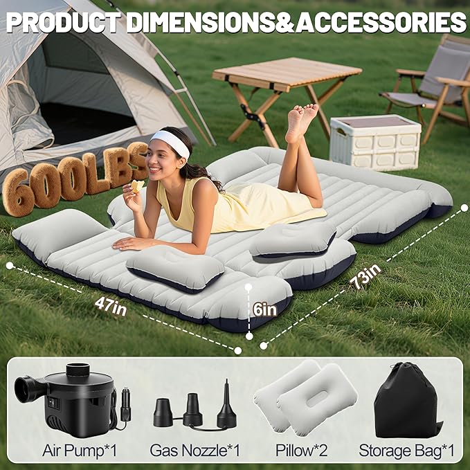 SUV Air Mattress Thickened Car Air Mattress with Electric Pump Air Mattress for SUVs with 2 Pillows Flocking Inflatable Bed for Cars car Bed for SUV Trunk Camping Road Trip (Gray)