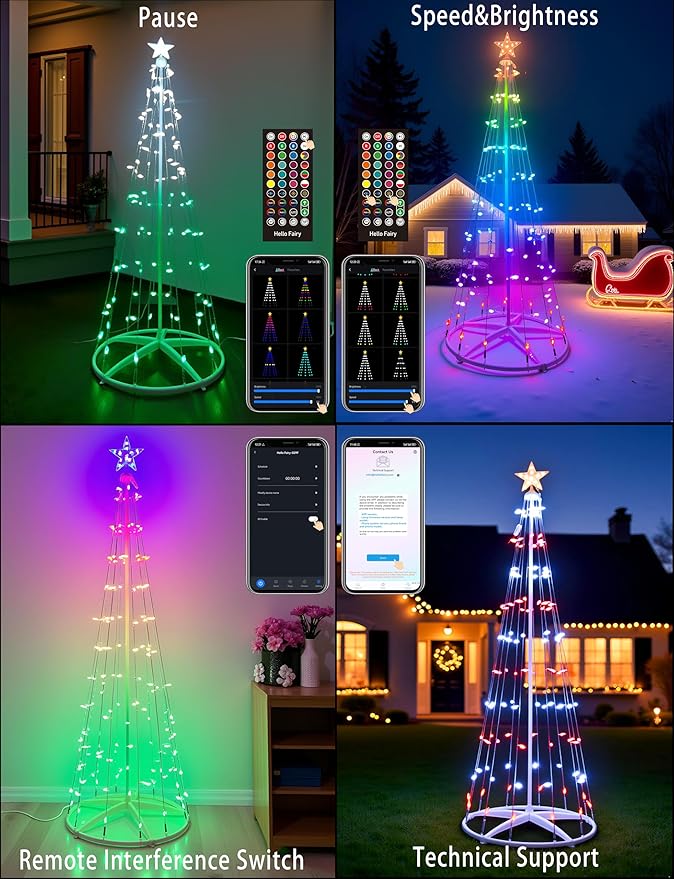 7ft Smart RGB Outside Christmas Tree Lights App Remote-Controlled C6 Shaped Christmas Light Cone Tree with Music Sync 57 Lighting Effects + DIY Mode Easy install Outdoor Xmas New Year Yard Decor