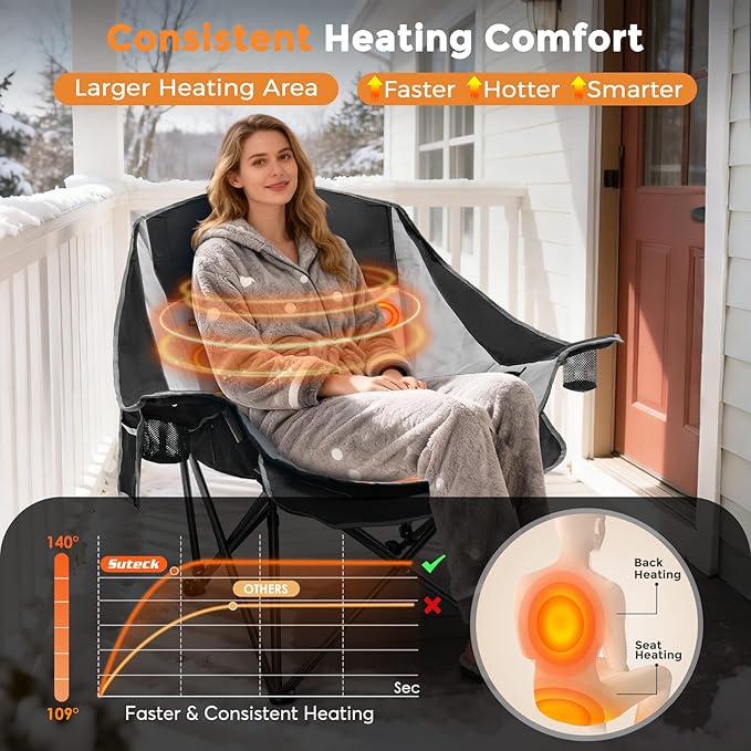 Suteck Heated Camping Chair Oversized Heated Chairs W/3 Heat Levels &amp 2 Heating Zones Portable Heated Folding Chair Use for Outdoor Sports Camping Lawn Battery NOT Included