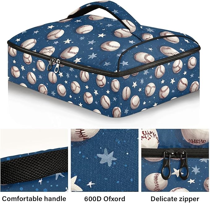 Casserole Carrier Baseball PatternInsulated Casserole Carrier for Hot or Cold Food Thermal Lunch Tote for Potluck Parties Picnic Beach Fits 9 x 13 Inches Baking Dish