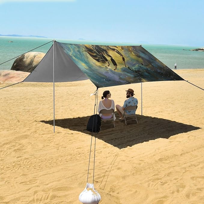 ALAZA Bee Nebula Starry Sky Beach Tent Sun Shelter UPF50+ Protection Beach Shade Canopy w/ 4 Sandbags for Outdoor Camping Fishing Backyard Fun Picnic 10x9 ft