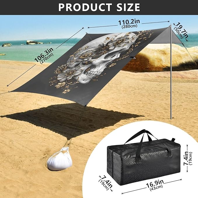 ALAZA Golden Flowers Skull Beach Tent Sun Shelter UPF50+ Protection Beach Shade Canopy w/ 4 Sandbags for Outdoor Camping Fishing Backyard Fun Picnic 10x9 ft