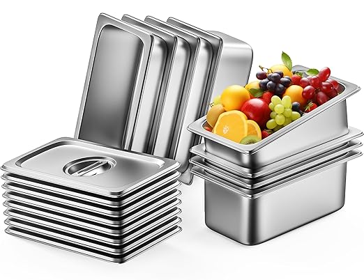 8 Pack Hotel Pans with Lids 1/3 Size 6 Deep Stainless Steel Steam Table Pan 22 Gauge Anti Jam Commercial Food Pans for Hotel Party Buffet Catering Supplies