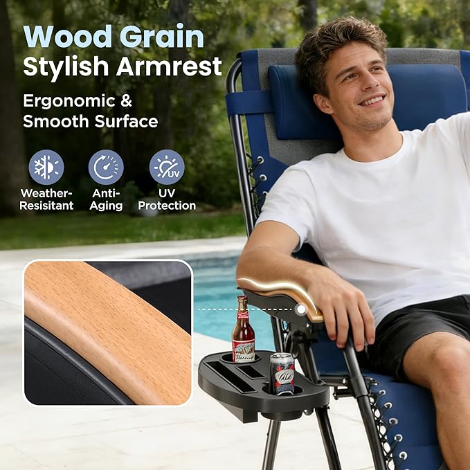 PHI VILLA XXL Oversized Padded Zero Gravity Chair Foldable Patio Recliner 30 Wide Seat Anti Gravity Lounger with Cup Holder Support 400 LBS (Thumb Blue)