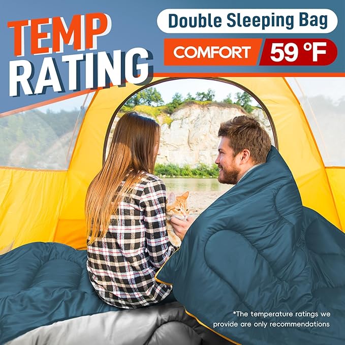 MEREZA Double Sleeping Bag for Adults Mens with Pillow XL Queen Size Two Person Sleeping Bag for All Season Camping Hiking Backpacking 2 Person Sleeping Bags for Cold Weather &amp Warm
