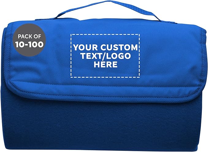 DISCOUNT PROMOS Custom Roll Up Picnic Blankets Set of 10/50/100 Personalized Bulk Pack Great for Camping Picnic Beach Sports Outdoor Activities - Blue