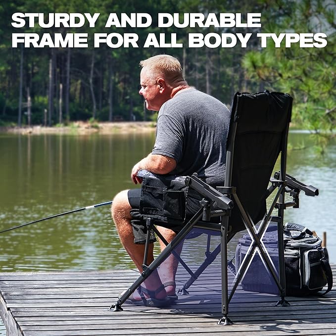 X Strike Oversized Folding Fishing Chair with Rod Holder Heavy Duty 350LBS Feet Adjustable Padded Camping Chair with Cup Holder Side Pocket Hard Armrest