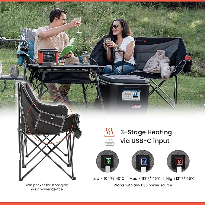 ARROWHEAD OUTDOOR 57 Wide Duo Foldable Heated Camping Loveseat Chair with 3-Stage Heating Large Cup Holders Glass Holders Side Pockets and Storage Pouches