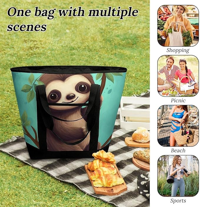 Insulated Shopping BagLarge Reusable Cooler Bags Cute Sloth Printed Foldable Shopping BagTravel Waterproof Shoulder Bag