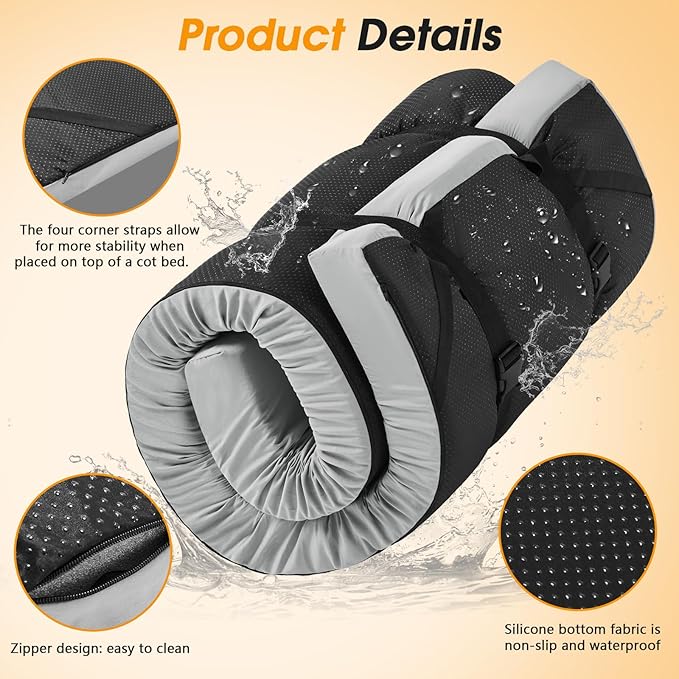 CYMULA Camping Cot Mattress 3in Memory Foam Sleeping PadSoft Warm Non-Slip Camping Mattress Topper with Retaining for AdultsPortable Roll up Pad for Travel