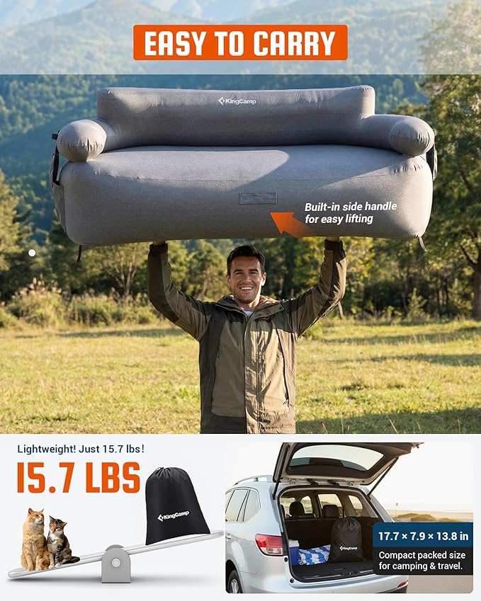 KingCamp Double Camping Inflatable Couch with Built-in Electric Pump 880LB Heavy Duty Outdoor Loveseat Air Sofa 600D Cationic Fabric Dual-Layer 2 Person Inflatable Sofa for Camp Backyard RV Patio