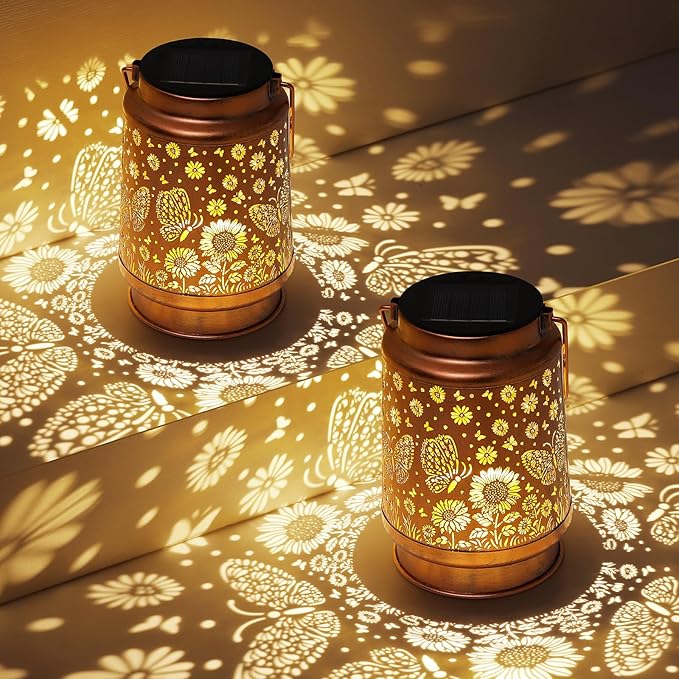 Butterfly Solar Lanterns Outdoor Waterproof Sunflower Garden Decor Birthday Gifts for Women Mom Grandma Hanging Solar Lights Metal Lantern Decoration Outside for PorchPatioYardBackyard