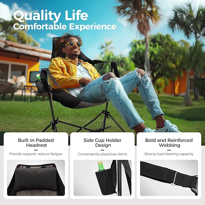 ALPHA CAMP Hammock Folding Rocking Chair with Cup Drink Holder High Back Padded Swinging Chair for OutdoorCamping LawnBackyardPicnic Steel Heavy Duty Portable Oversized(Black)