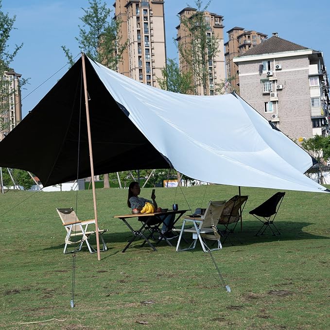 iClimb Strong Elegant Alu. Tarp Poles Set of 2 Height Adjustable with Lantern Hook and Carry Bag Nature Color