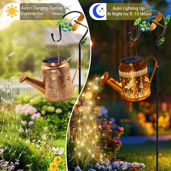 Solar Lights Outdoor Garden Decor Dragonfly Hanging Watering Can Landscape Lights Waterproof Yard Decorations for Outside Porch Patio Backyard Gardening Gift for Mom Grandma Women Birthday