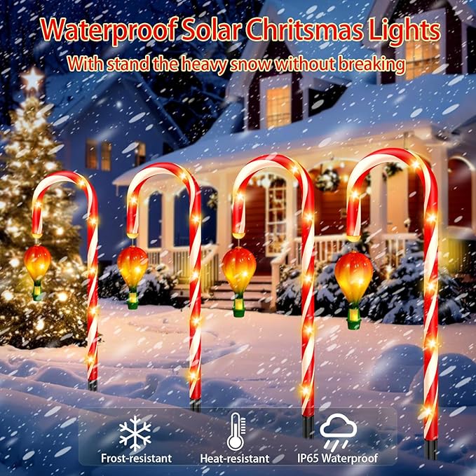 12 Pack Outdoor Solar Christmas Decorations 180 Bright LED Solar Candy Cane Christmas Lights 8 Lighting Modes Waterproof Outside Xmas Decorations with Lantern Decor Lights for Pathway Yard Garden