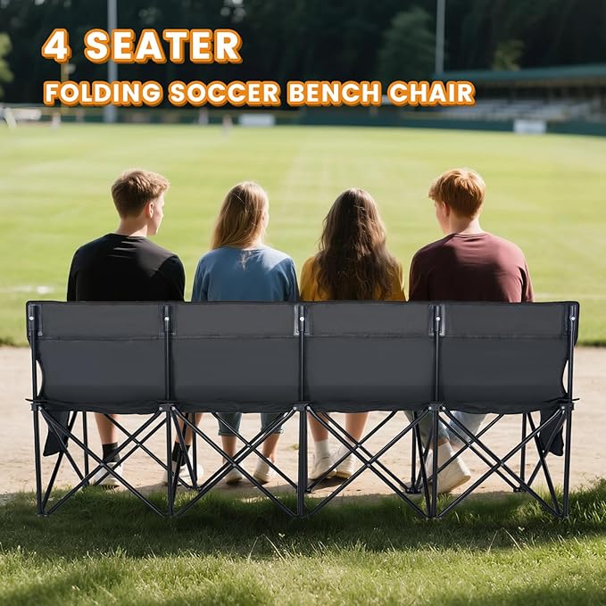 LILYPELLE Portable Bench 4 Seat Soccer Benches for Team Folding Soccer Bench Chair Sideline Benches Camping Chairs for Football Camp Sport Events Outdoor Seating with Carry Bag 2Pack