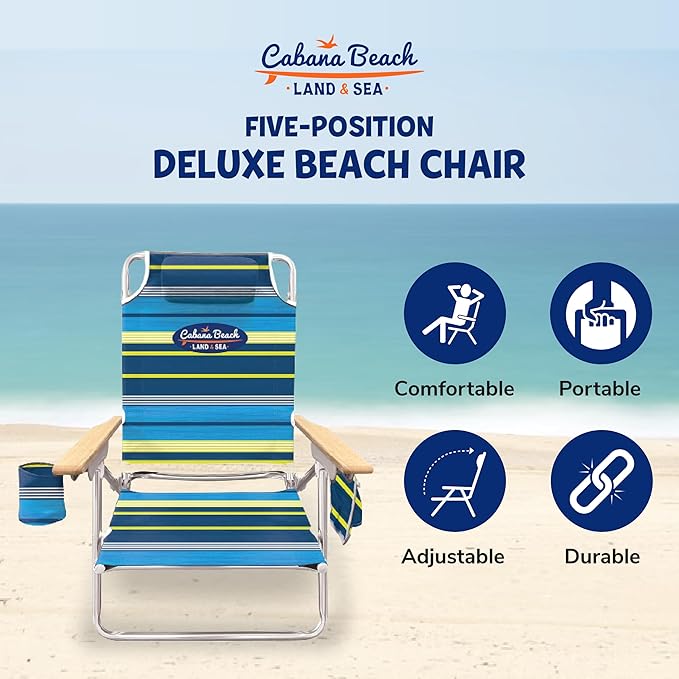 Cabana Beach Folding Beach Chair 5 Position Lightweight Portable Reclining Outdoor Camping Accessories with Headrest Shoulder Strap and Cup Holder Stripe