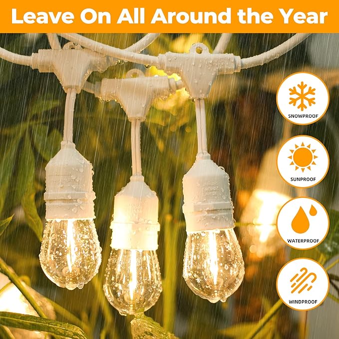 96FT(48×2) Outdoor String Lights Commercial Grade Heavy Duty White Wire Patio Light with Dimmable S14 Shatterproof LED Bulbs Linkable Waterproof Bistro Lights for Outside Deck Backyard Cafe Market