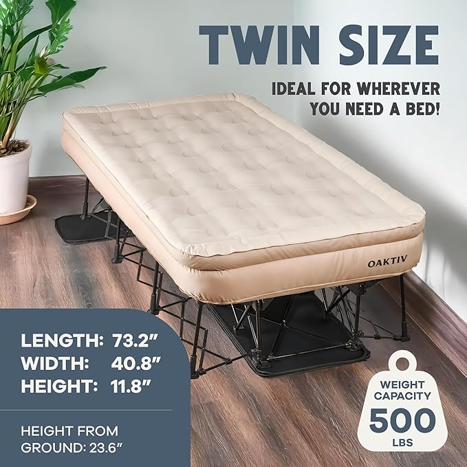 Twin Air Mattress with Frame Self Inflating/Deflating Bed for Adults - PeakRest Blow Up Bed Camping Cot with Mattress for Adults - Portable Twin with Travel Rolling Case on Wheels
