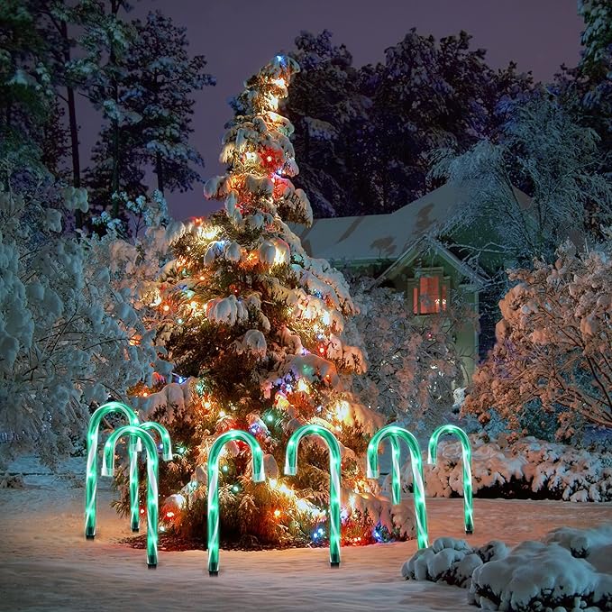 GAGALIFE Candy Cane Lights - 10 Pack Candy Cane Pathway Lights 10 Christmas Candy Cane Lights Green Outdoor Candy Cane Christmas Decor for Walkway Driveway Sidewalk Stake Lights Markers