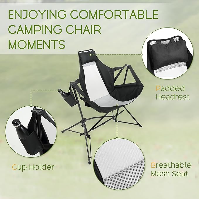 Hammock Folding Camping Chair - Outdoor Portable Swing Camp Chairs with Stand Adults Rocking Swinging Chair for Beach Lawn Patio (Black)