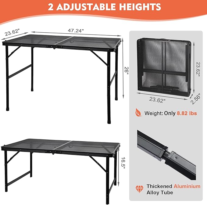Camping Table with Mesh Desktop Lightweight &amp Portable Folding Grill Table Height Adjustable Metal Outdoor Table for Camp Cooking BBQ RV Picnic-4 FT Black