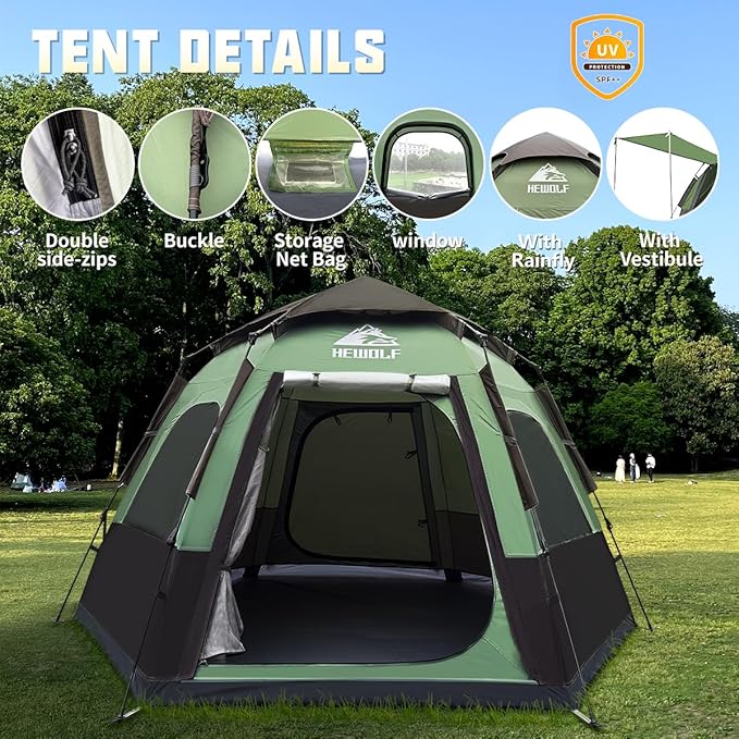 Hewolf 2/3/4 Person Camping Tent - Instant Pop Up Waterproof 2 Doors Tent with Easy Setup | 3-Season Hexagonal Dome Design for Family Hiking &amp Traveling
