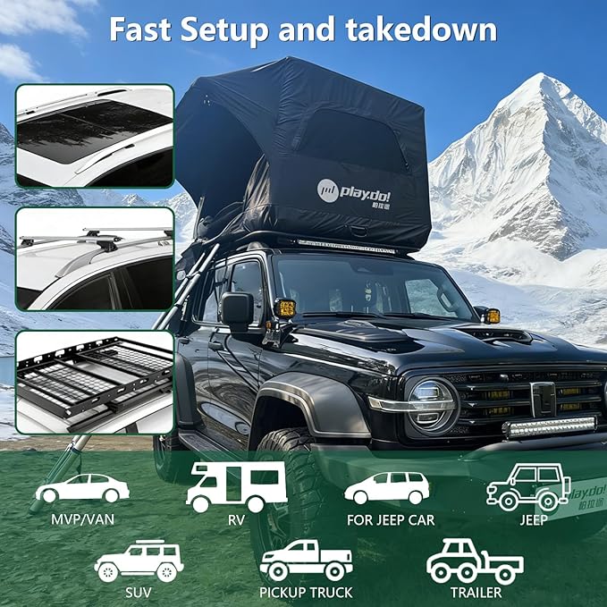 PlayDo Inflatable Rooftop Tent Easy Setup Camping Tent for The Roof of Sedans Pickup Blow Up Roof Top Tents SUV Truck Van Glamping Tent with Porch Strip Light for 2-3 Person
