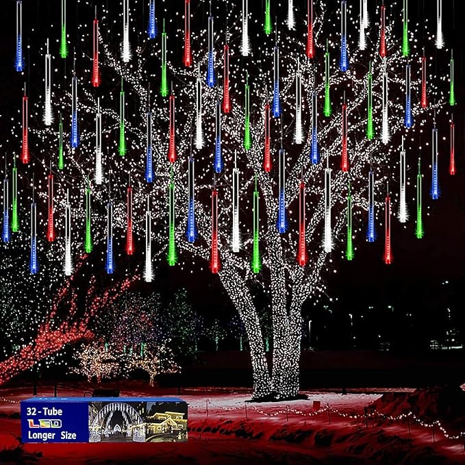 Christmas Outdoors Decoration 32 Tubes Meteor Shower Lights Outdoor Indoor Lauzior Snow Falling Icicle Cascading Lights for Christmas Halloween Decor Xmas Tree Holiday Yard Wedding Party Multicolor
