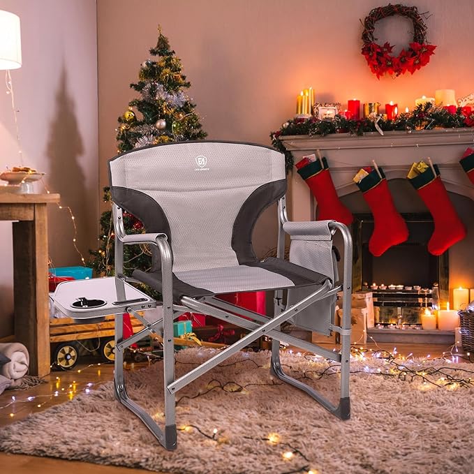 EVER ADVANCED Aluminum Lightweight Folding Director Chair 350lbs Heavy Duty Camping Chair with Side Table &amp Storage 19 Joint-Friendly Height Easy to Stand Portable Makeup Artist &amp Vendor C