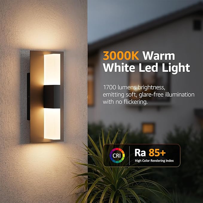 12.4 inches Outdoor Led Wall Light 30W 3000K Hardwired Porch &amp Patio Aluminum Sconces with Frosted Acrylic LampshadeIP65 Waterproof Exterior Wall Lamp for GarageFront Door(Black2Pack)