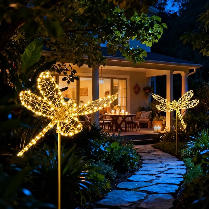 Flacchi Solar Lights Outdoor - Solar Garden Lights Dragonfly Decor with 240LED Solar Powered Iron Waterproof Easy to Install for Pathway Garden Decorations Patio Decor Yard Decoration