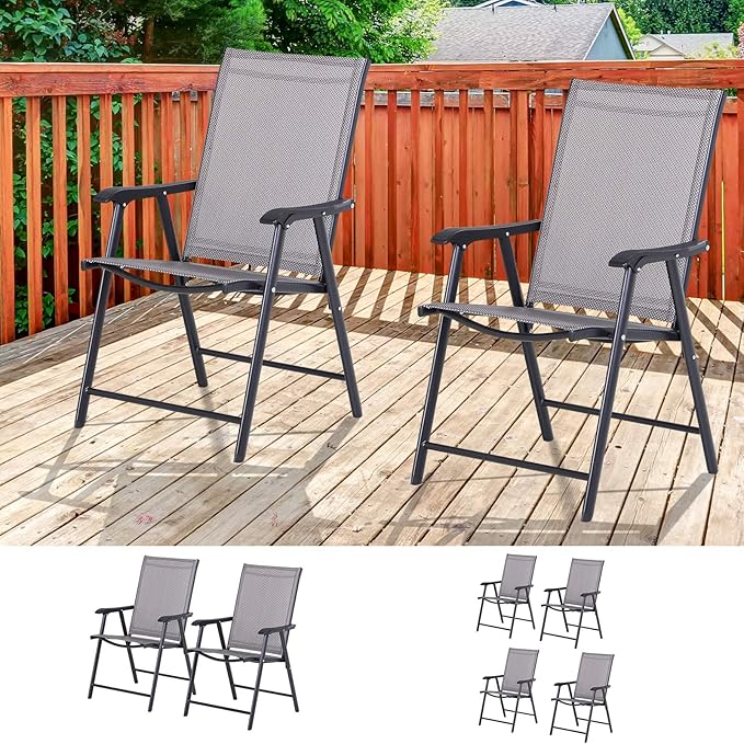 Set of 2 Patio Folding Chairs Stackable Outdoor Sling Patio Dining Chairs with Armrests for Lawn Camping Dining Beach Metal Frame No Assembly Gray