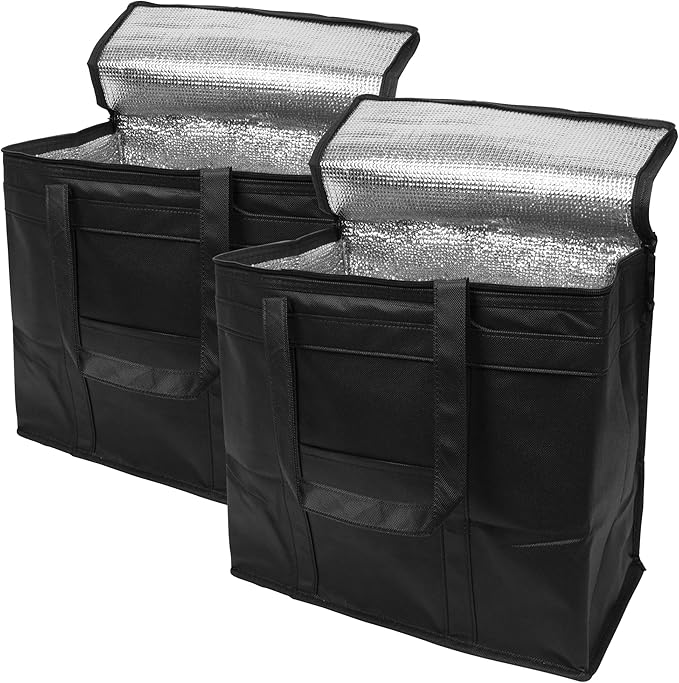 Black Insulated Food Delivery Bag. Insulated Grocery Bags with Zippered Top. Foldable Catering Bag for Food Deliveries. Heavy Duty Cold Bags for Groceries