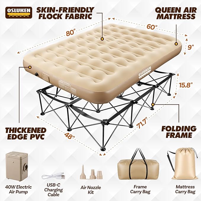 Queen Air Mattress with Frame &amp Built in Pump 500 LBS Self Inflating Air Bed Blow Up Bed Camping Cot with Mattress for Adults Portable Inflatable Bed for Guest Travel 80 x 60 x 9 25 Rais