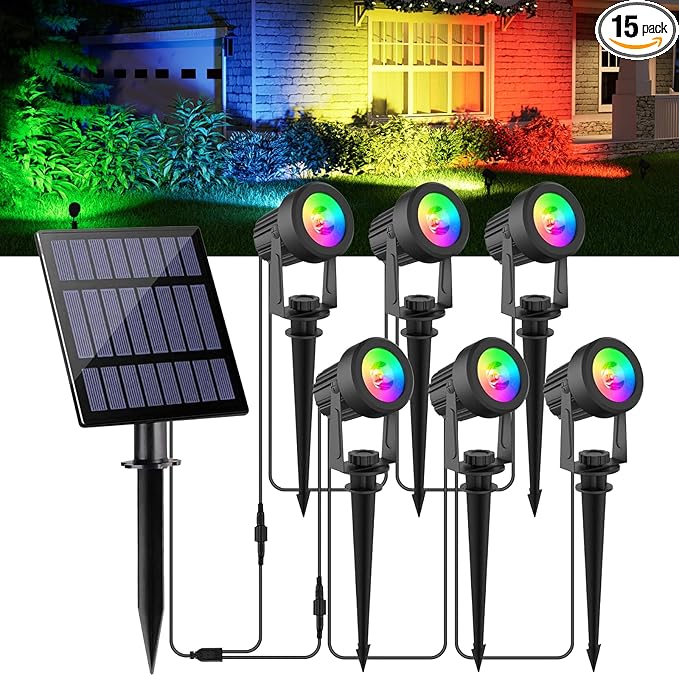 Solar Spot Lights Outdoor Color ChangingSolar RGB Spotlights Waterproof Colored Landscape Lighting Auto ON/Off Adjustable Garden Lights for Yard Garden Driveway Pool Lawn (6-in-1)