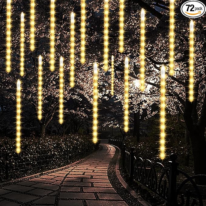 LJLNION 24 Tubes Meteor Shower Lights Outdoor Icicles Christmas Decor 12 Inch 864 LED Snow Falling Connectable Raindrop Lights Xmas Wedding Party Tree Holiday Decoration Warm White
