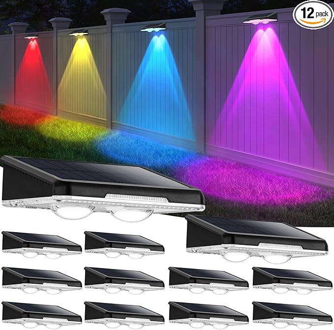 Solar Fence Lights 12-Pack Waterproof Solar Powered Outdoor Deck Light with Warm White &amp 6 RGB Colors &amp 2 Lighting Modes LED Solar Step Stairs Light for Deck Fence Outside Patio Garden