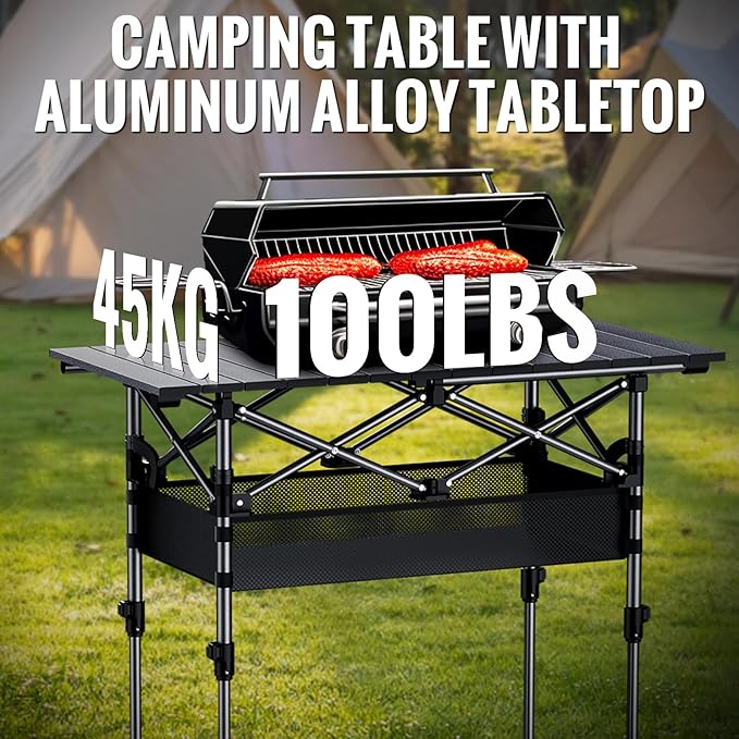 GARLLEN Folding Camping Table 2-Height Adjustable Portable Roll-up Camping Table with Storage Net Lightweight Aluminum Picnic Table with Carrying Bag for Cooking BBQ Outdoor 32.2 L x 15.7 W